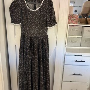 Floral Black Dress with White Trim